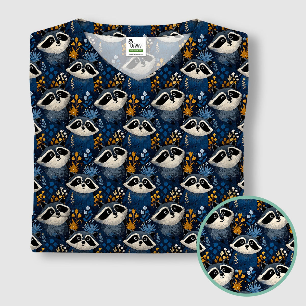 Raccoon Blue Floral Forest Nurse Scrub Top