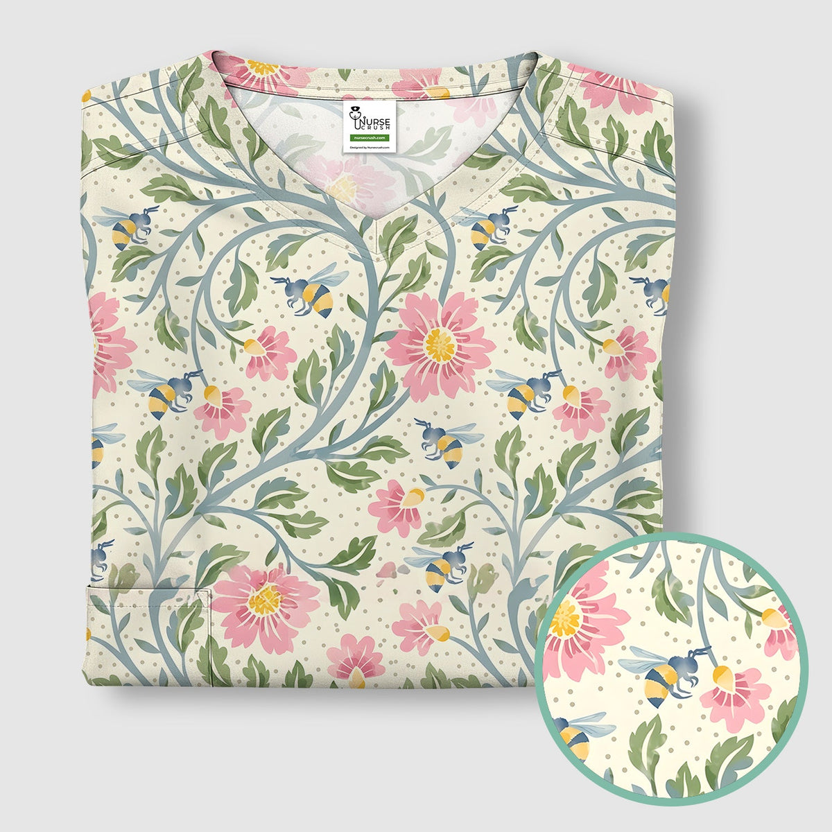 Floral Bee Garden Nurse Scrub Top