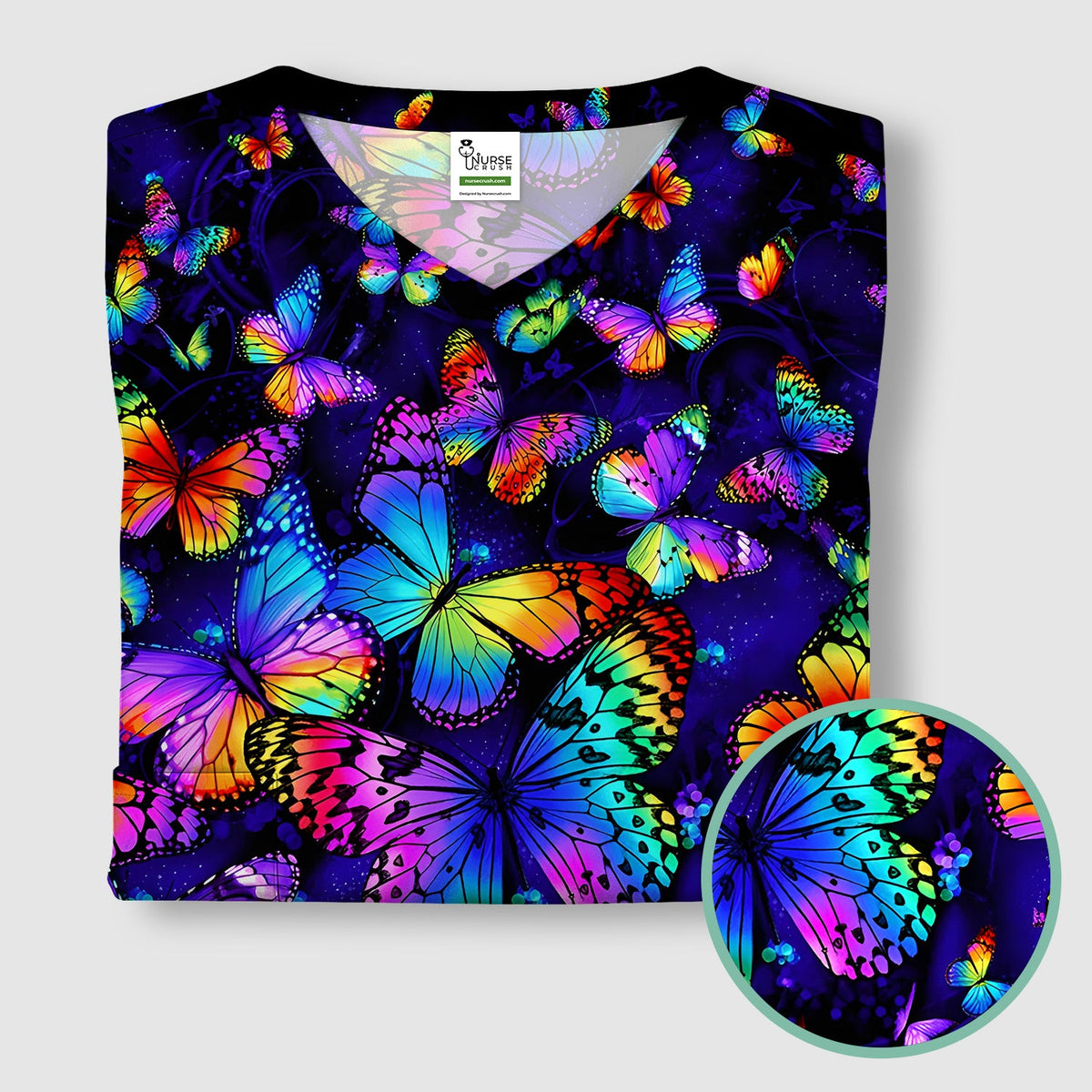 Vibrant Rainbow Butterfly Galaxy Nurse Scrub Top