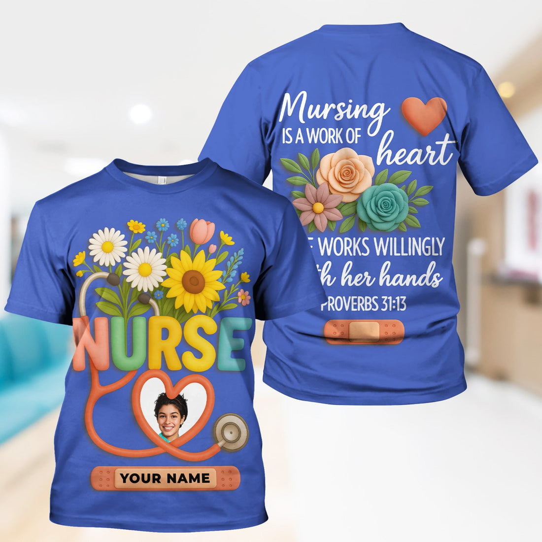 Personalized Photo Floral Heart Stethoscope Nurse Shirt