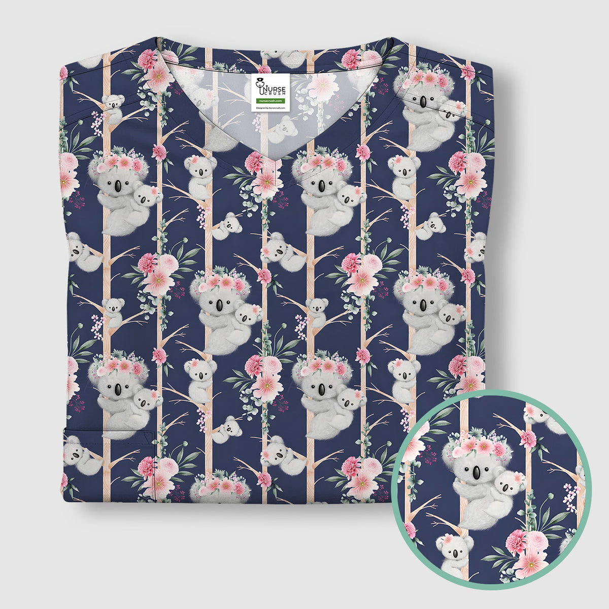 Koala Climbing Tree Blossom Nurse Scrub Top