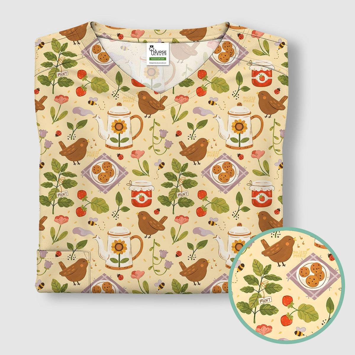 Garden Tea Bird Strawberry Nurse Scrub Top
