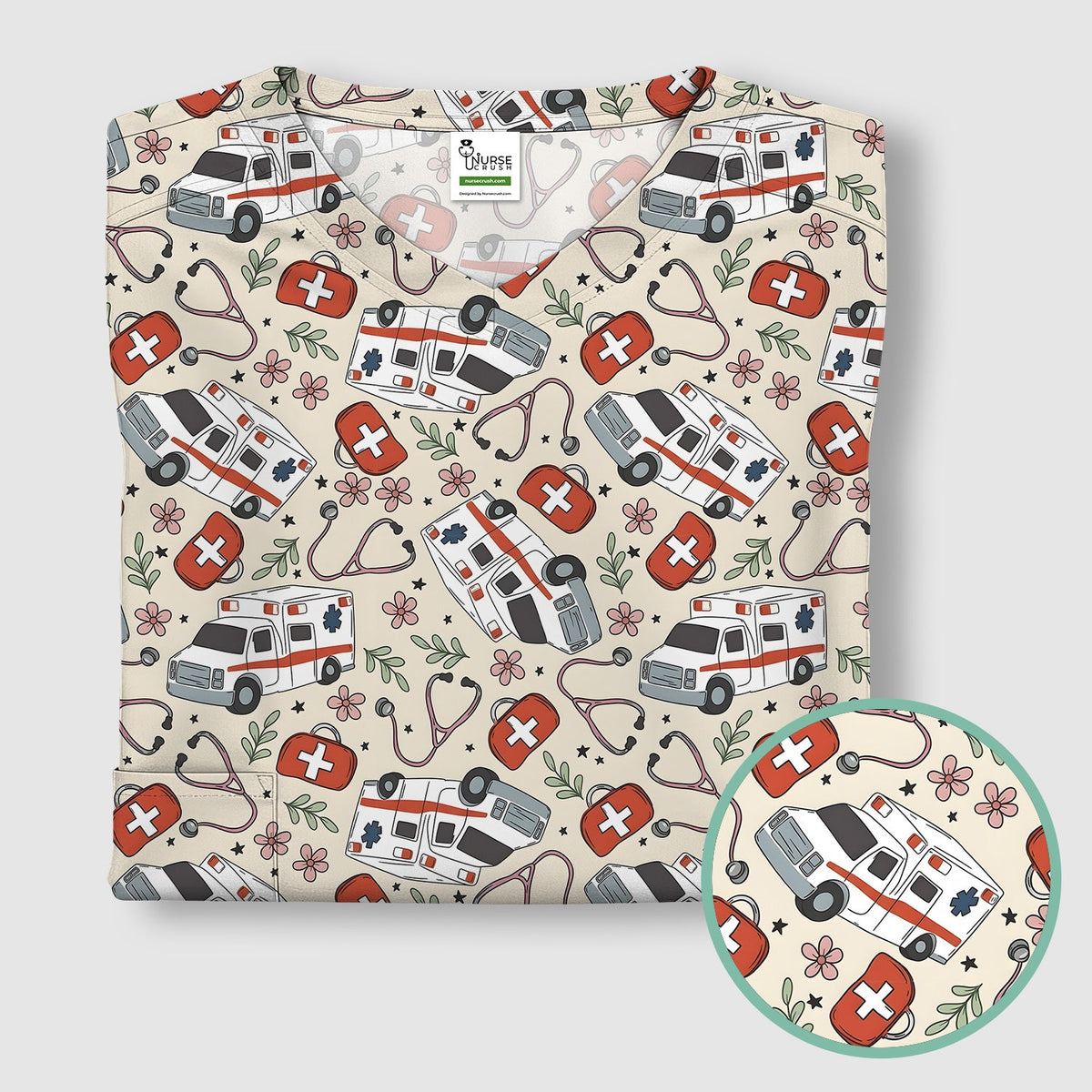 Ambulance Stethoscope First Aid Floral Nurse Scrub Top
