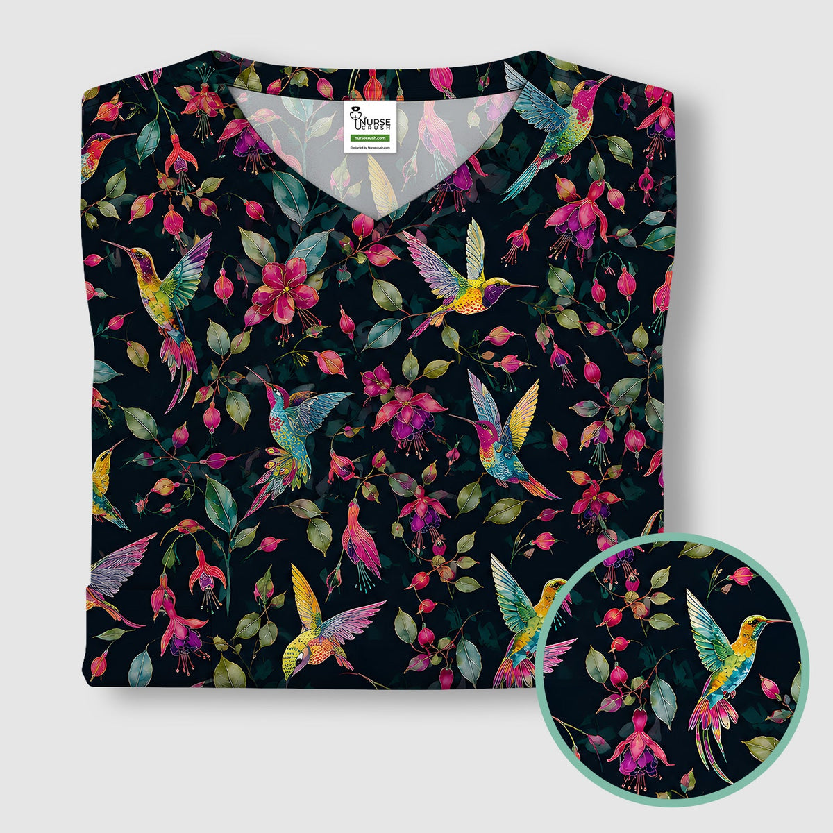 Hummingbird Fuchsia Bloom Nurse Scrub Top
