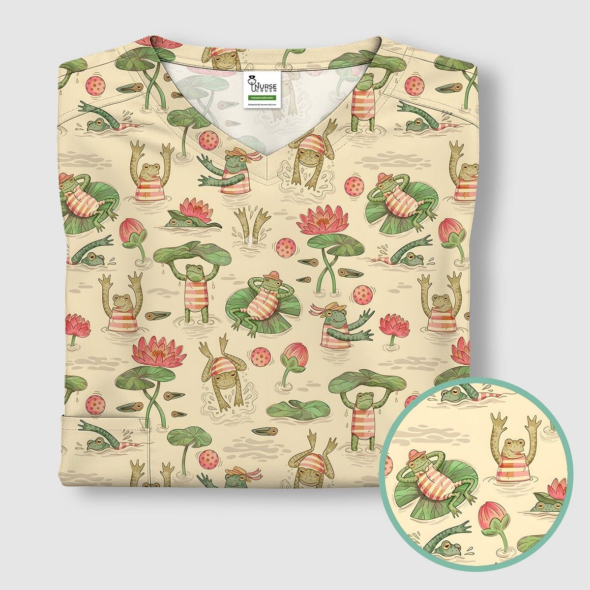 Frogs Swimming Lily Pond Nurse Scrub Top