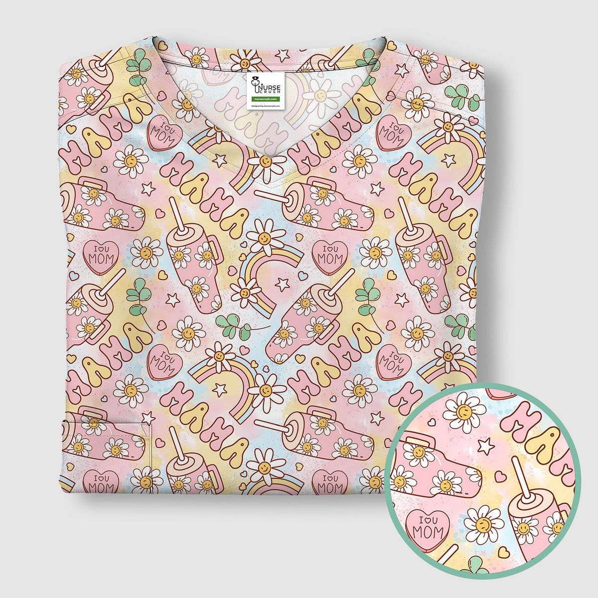 Sweet Nurse Mama Daisy Rainbow Scrub Top