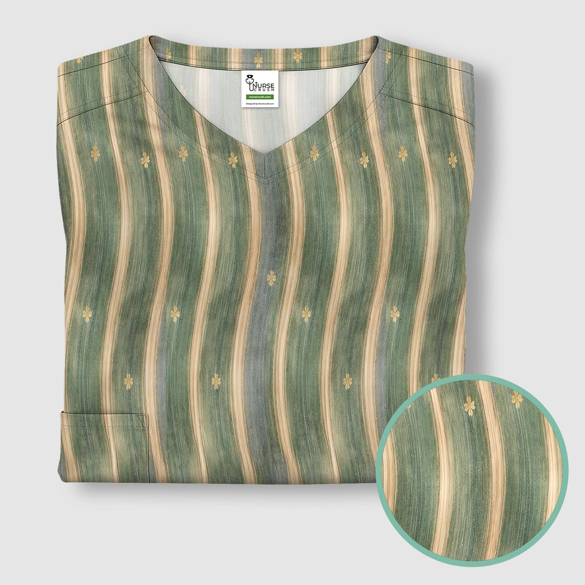 Nurse Green Vertical Stripe Floral Scrub Top
