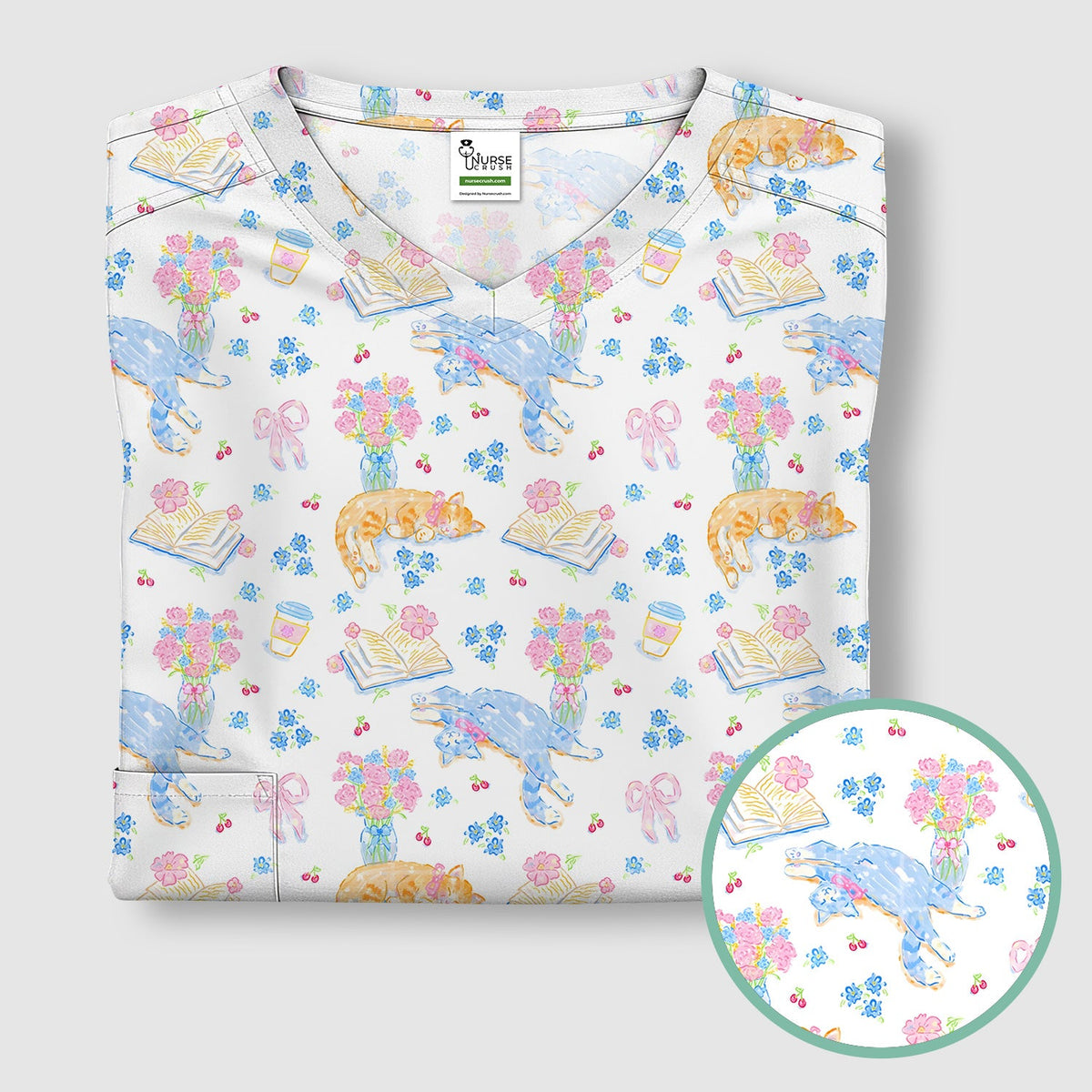 Cats Reading Floral Books Nurse Scrub Top