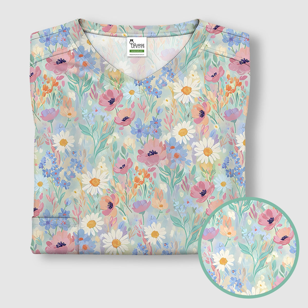 Pastel Wildflower Meadow Floral Nurse Scrub Top