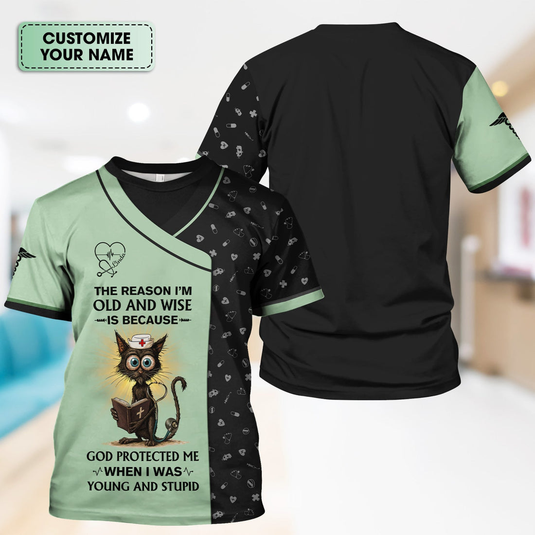 Personalized God Protected Me Cat Nurse Shirt