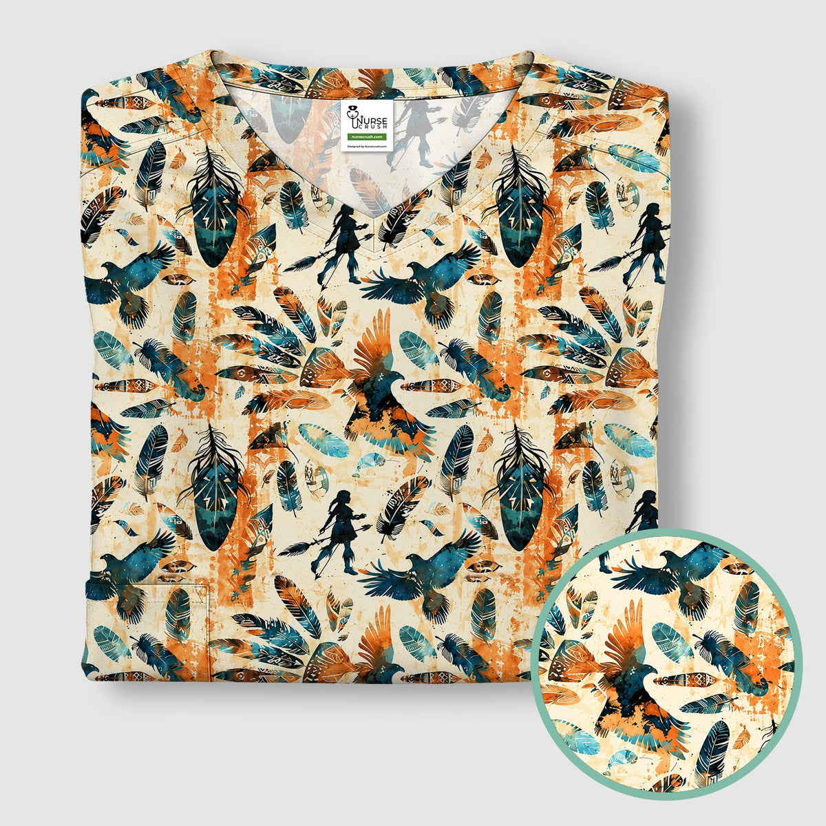 Feather Birds Tribal Nurse Scrub Top