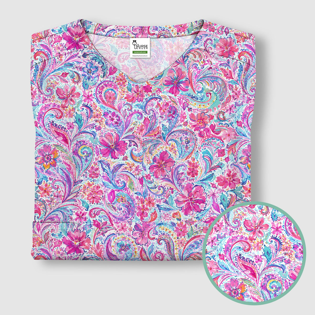 Elegant Pink Paisley Blossom Nurse Scrub Top