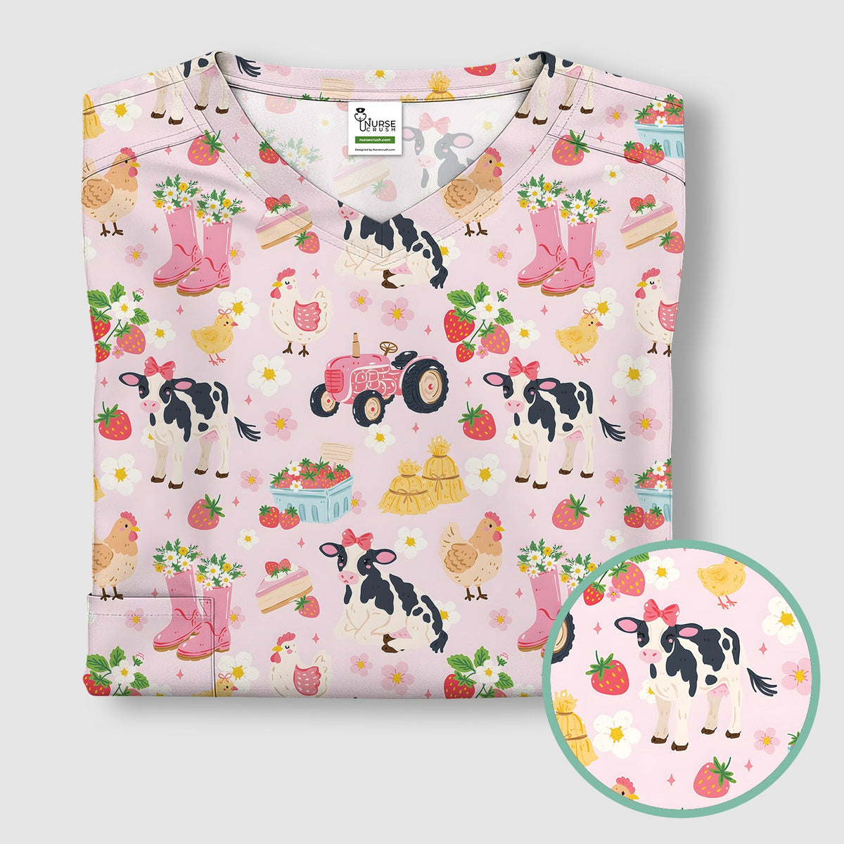 Farm Animals Strawberry Garden Nurse Scrub Top