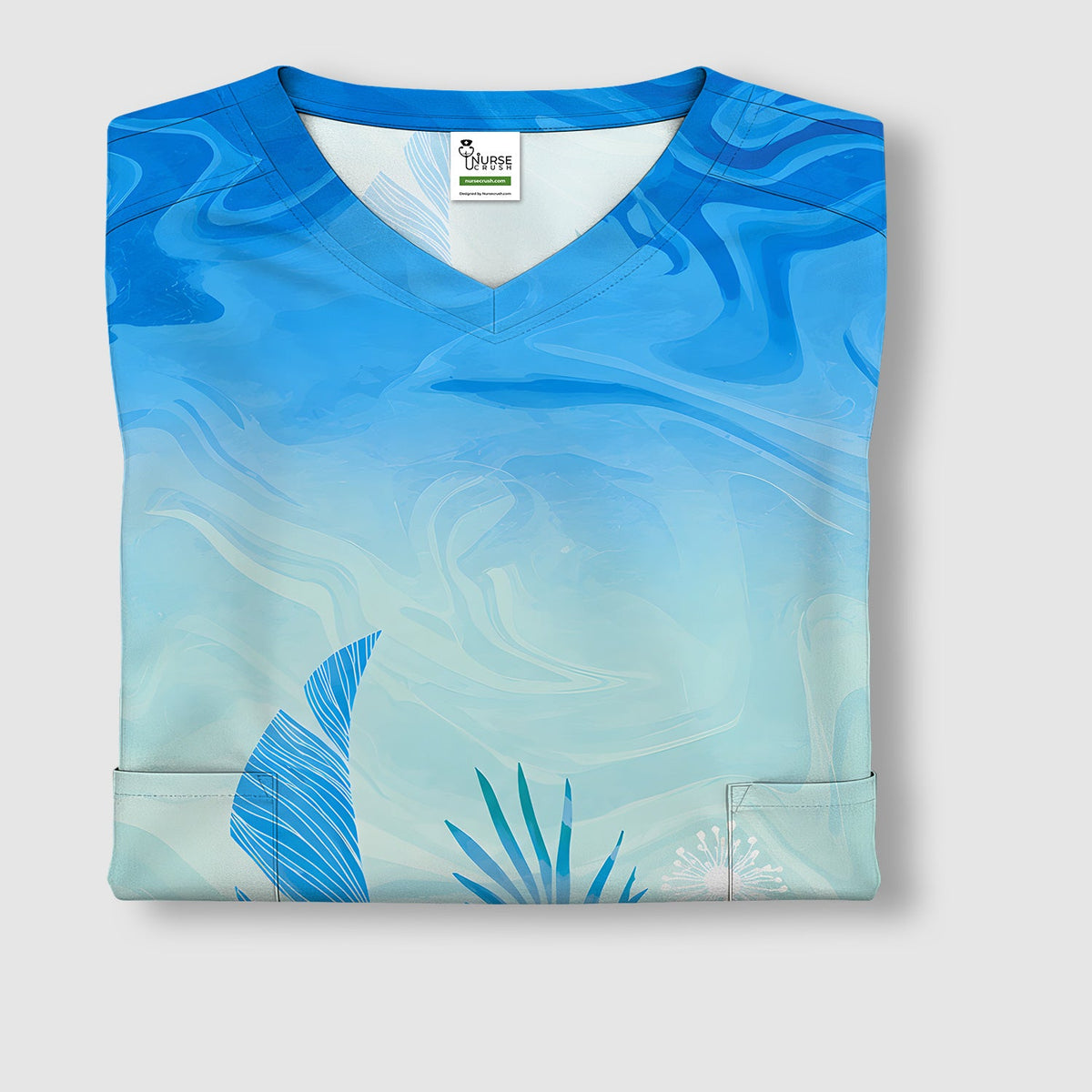 Elegant Blue Tropical Floral Nurse Scrub Top
