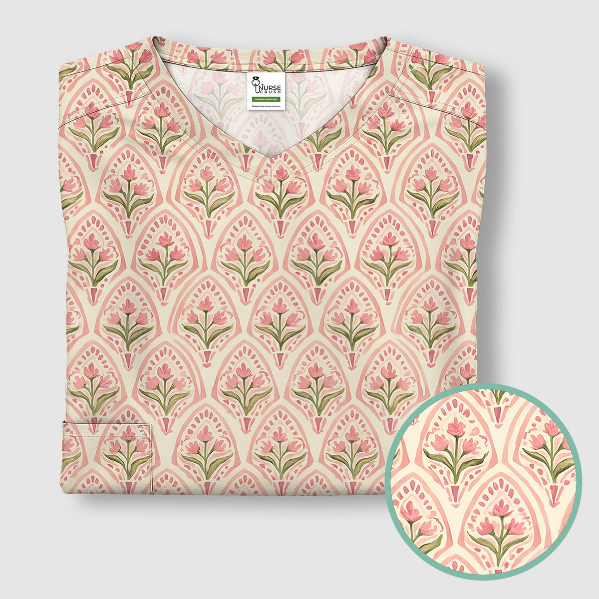 Pink Tulip Floral Arch Nurse Scrub Top