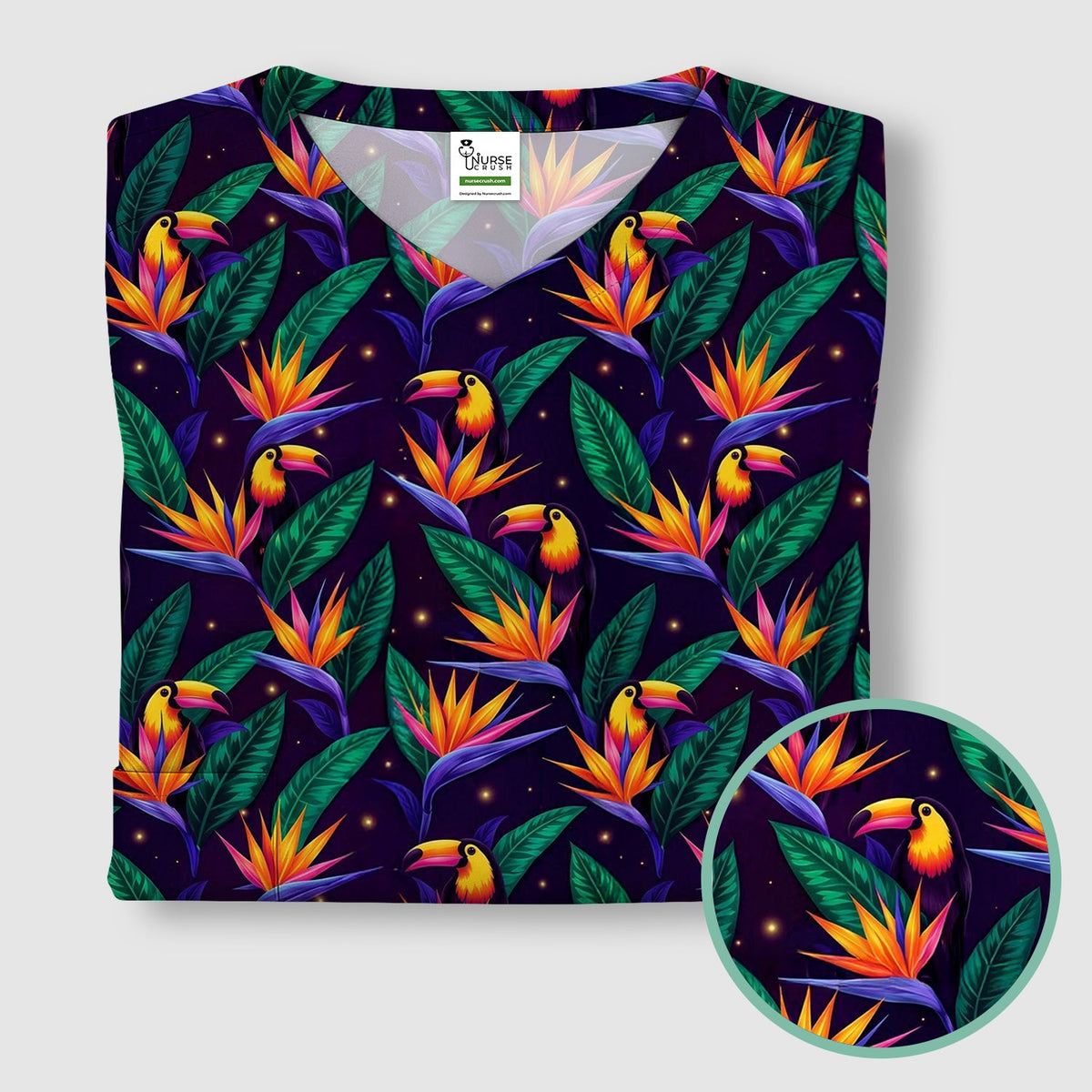Tropical Toucan Paradise Leaves Nurse Scrub Top