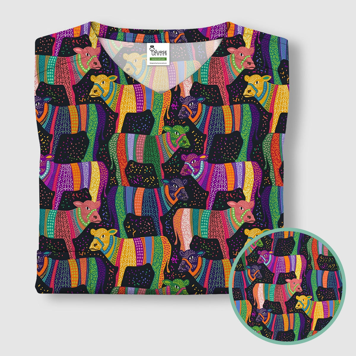 Vibrant Patchwork Rainbow Cow Nurse Scrub Top