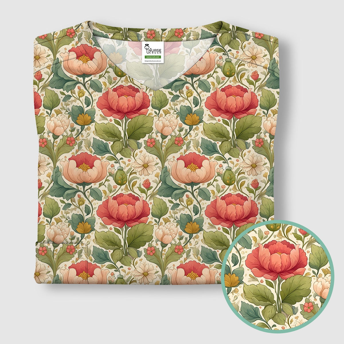 Vintage Botanical Peony Floral Nurse Scrub Top