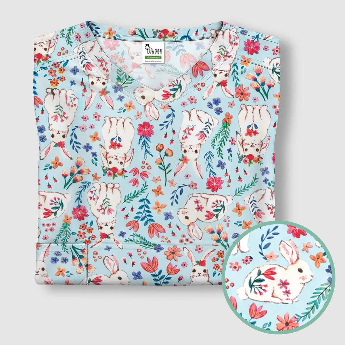 Springtime Bunny Floral Nurse Scrub Top