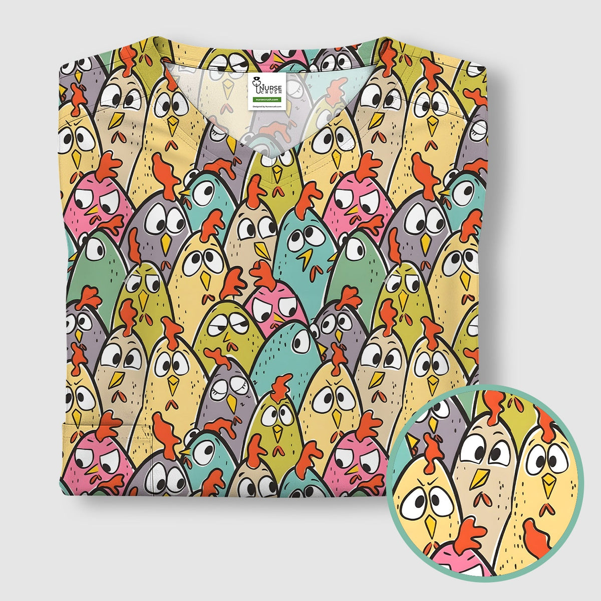 Cartoon Chicken Crowd Nurse Scrub Top