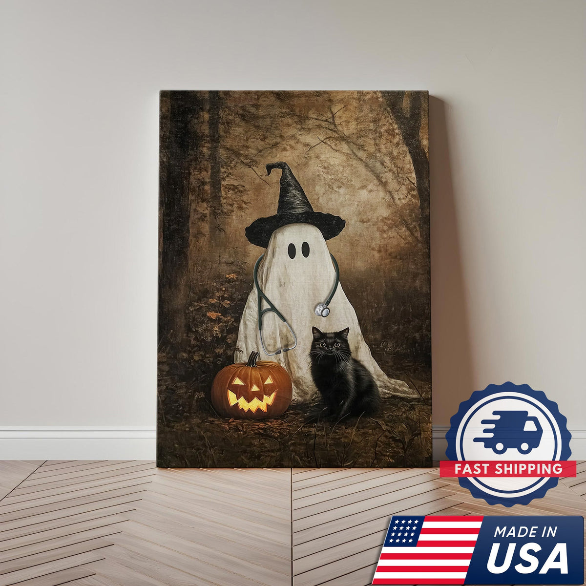 Ghost Pumpkin Black Cat Nurse Canvas - Halloween Gift