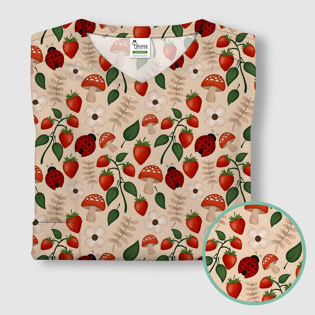 Strawberry Ladybug Mushroom Floral Nurse Scrub Top
