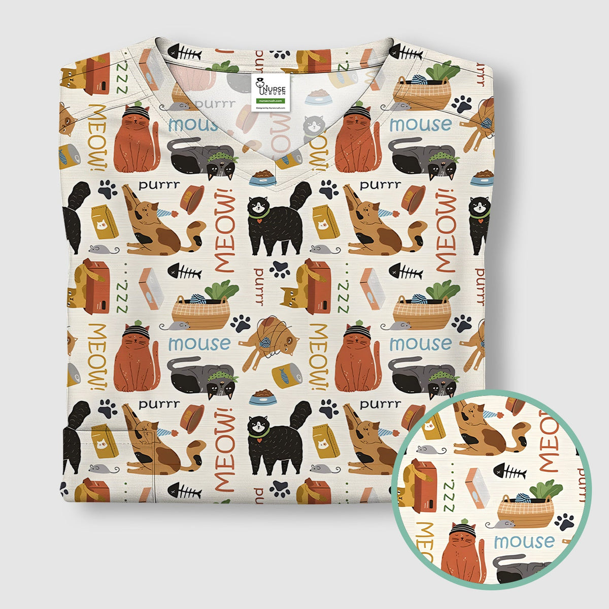 Meow Purr Cat Nurse Scrub Top