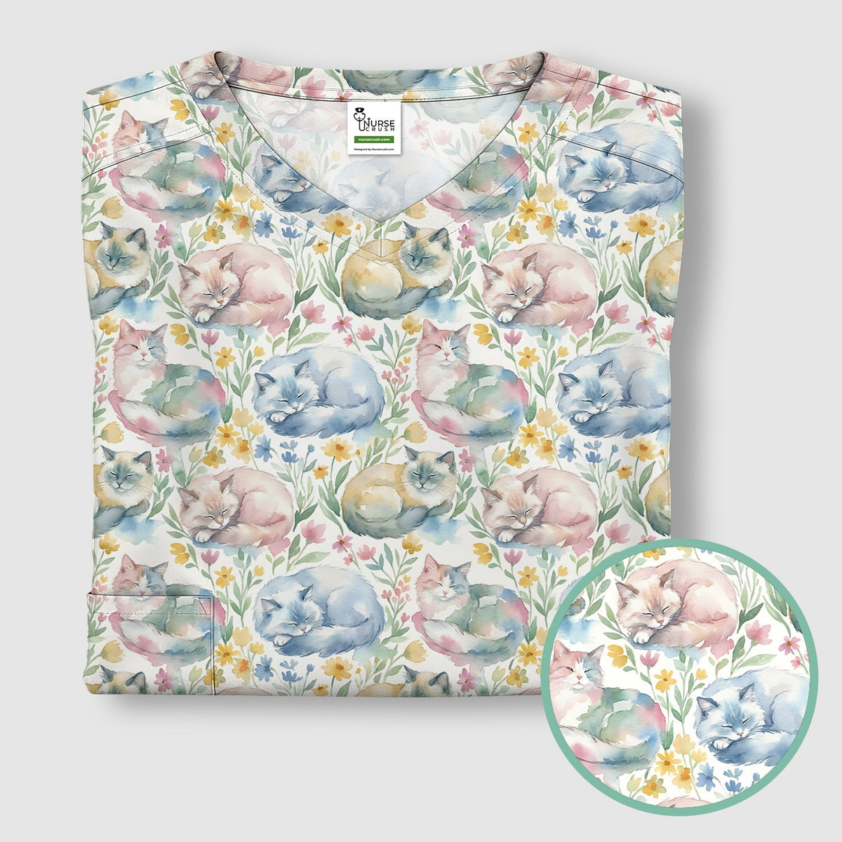 Dreamy Sleeping Cat Floral Nurse Scrub Top