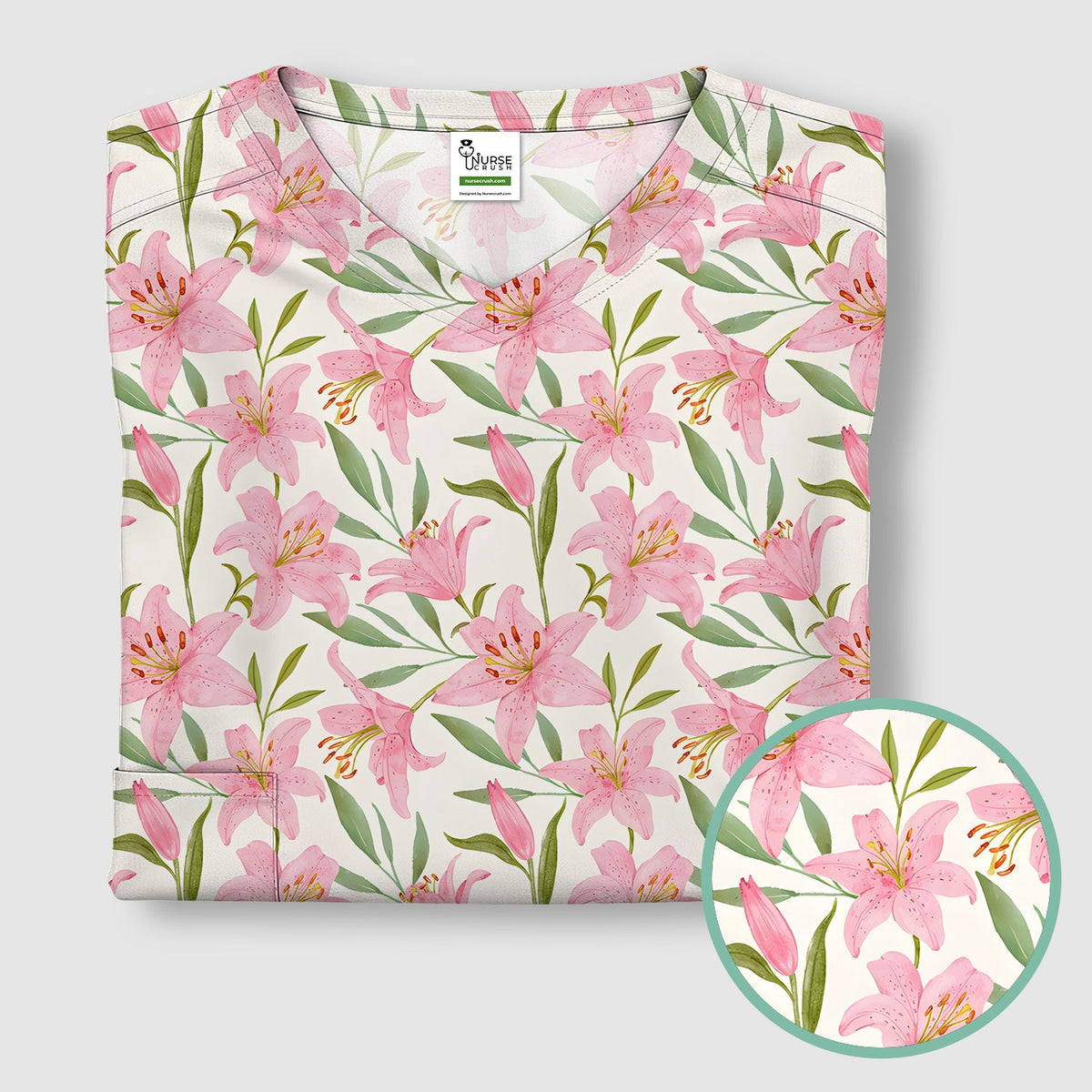 Pink Lily Floral Nurse Scrub Top