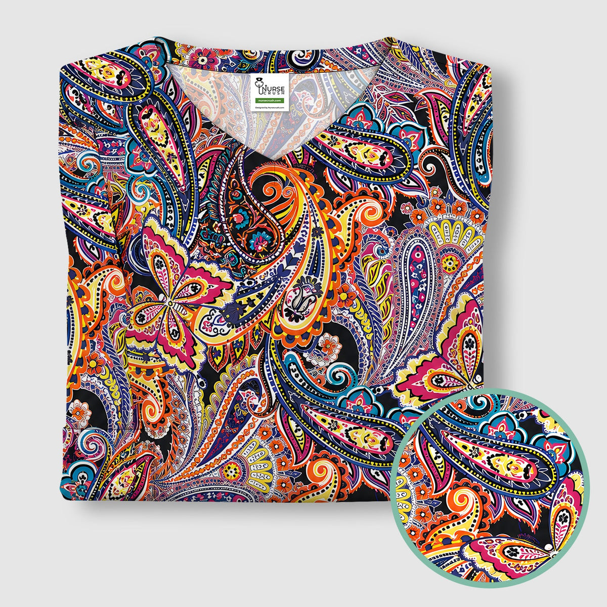 Colorful Bohemian Paisley Floral Nurse Scrub Top