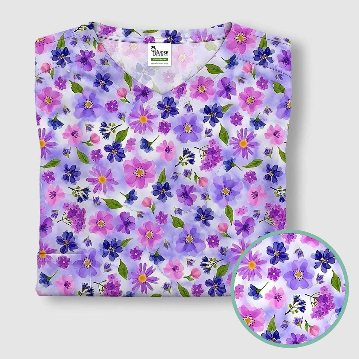 Purple Watercolor Wildflower Bloom Nurse Scrub Top