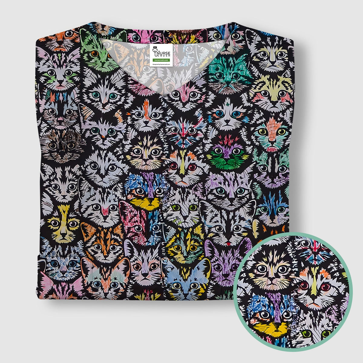 Colorful Cat Faces Nurse Scrub Top