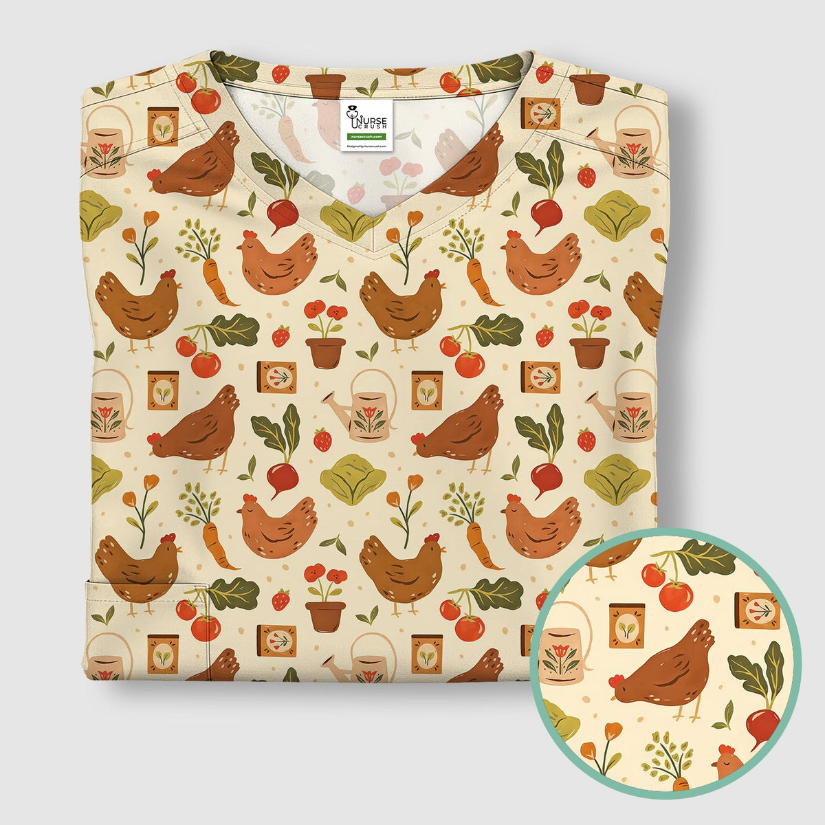 Rustic Farm Chicken Vegetable Nurse Scrub Top