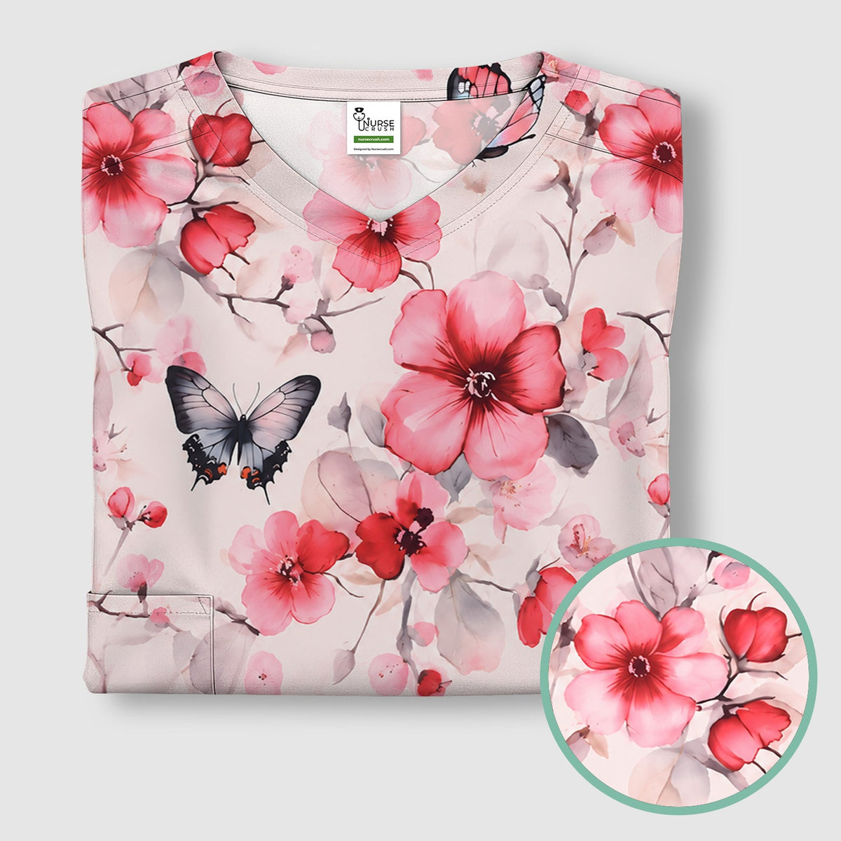 Pink Butterfly Blossom Nurse Scrub Top