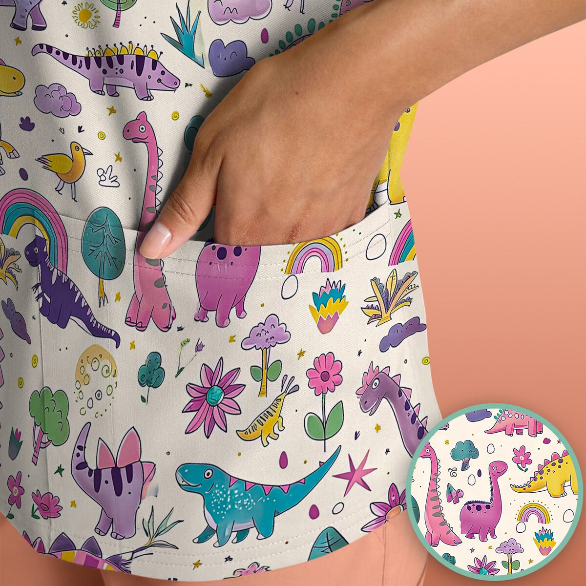 Dinosaur Rainbow Nurse Scrub Top