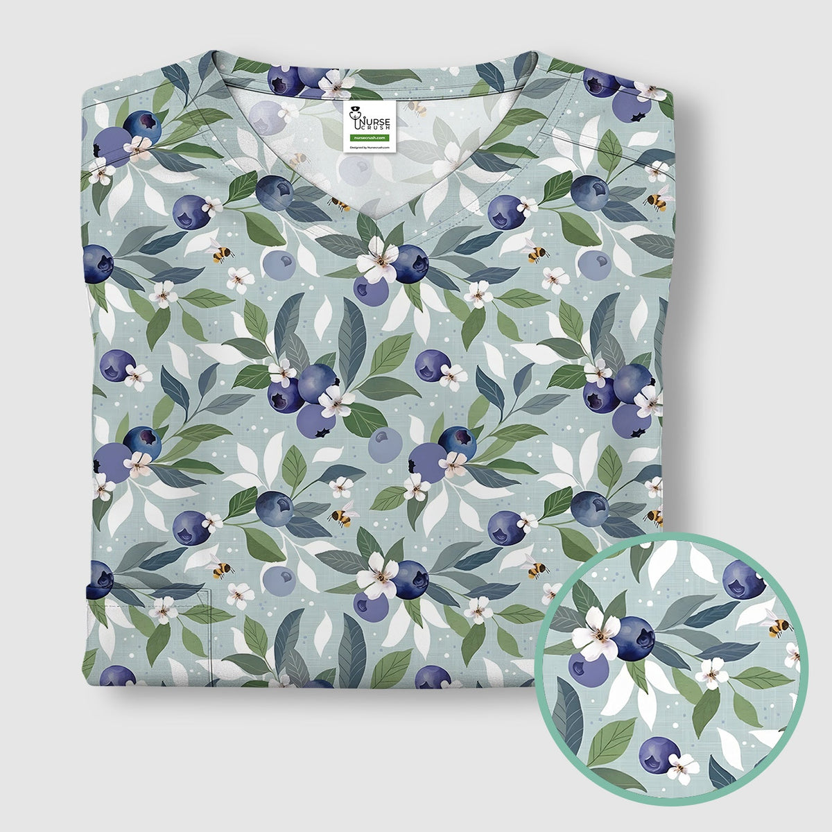 Fresh Blueberry Blossom Garden Nurse Scrub Top