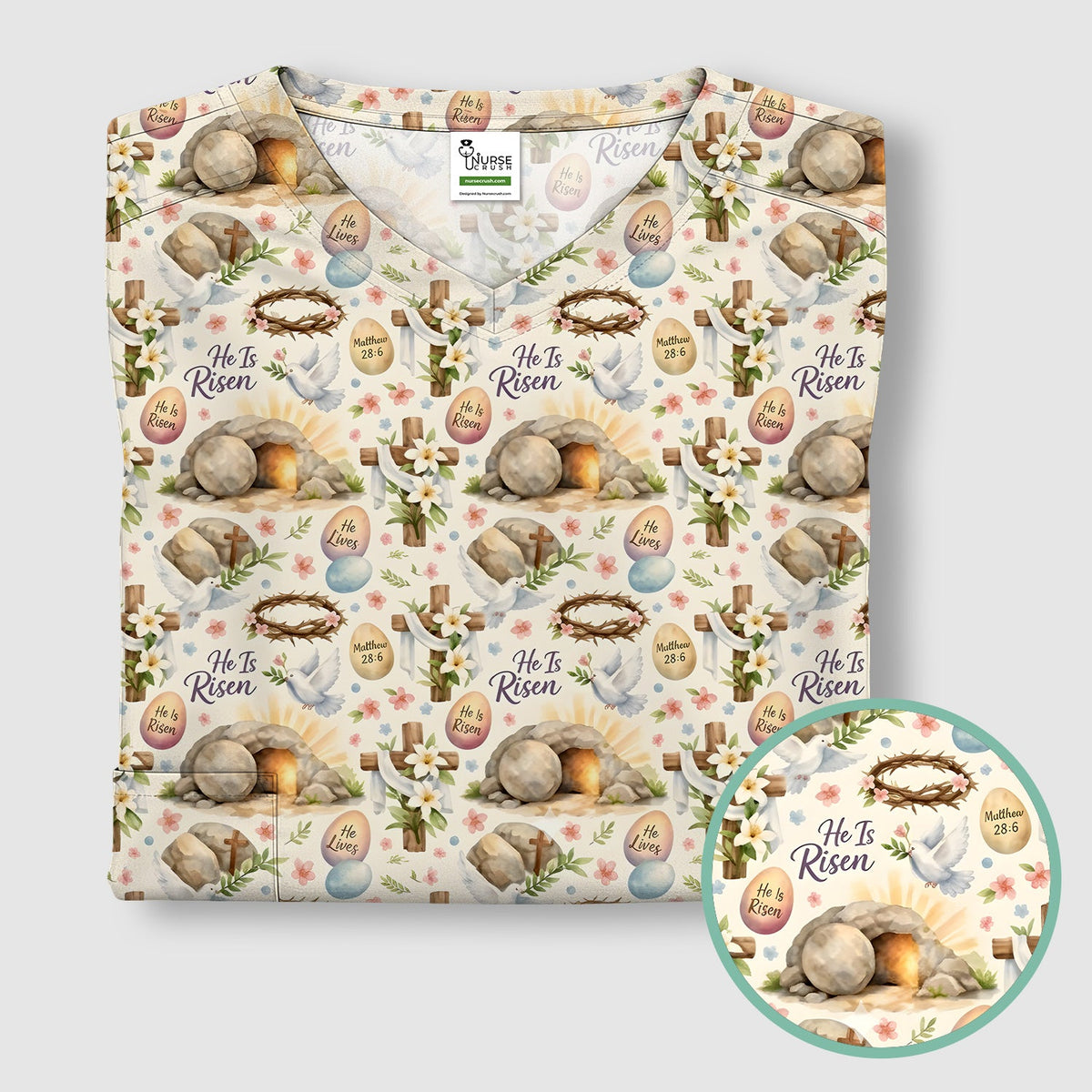 Risen Cross Tomb Lily Nurse Scrub Top - Easter Gift