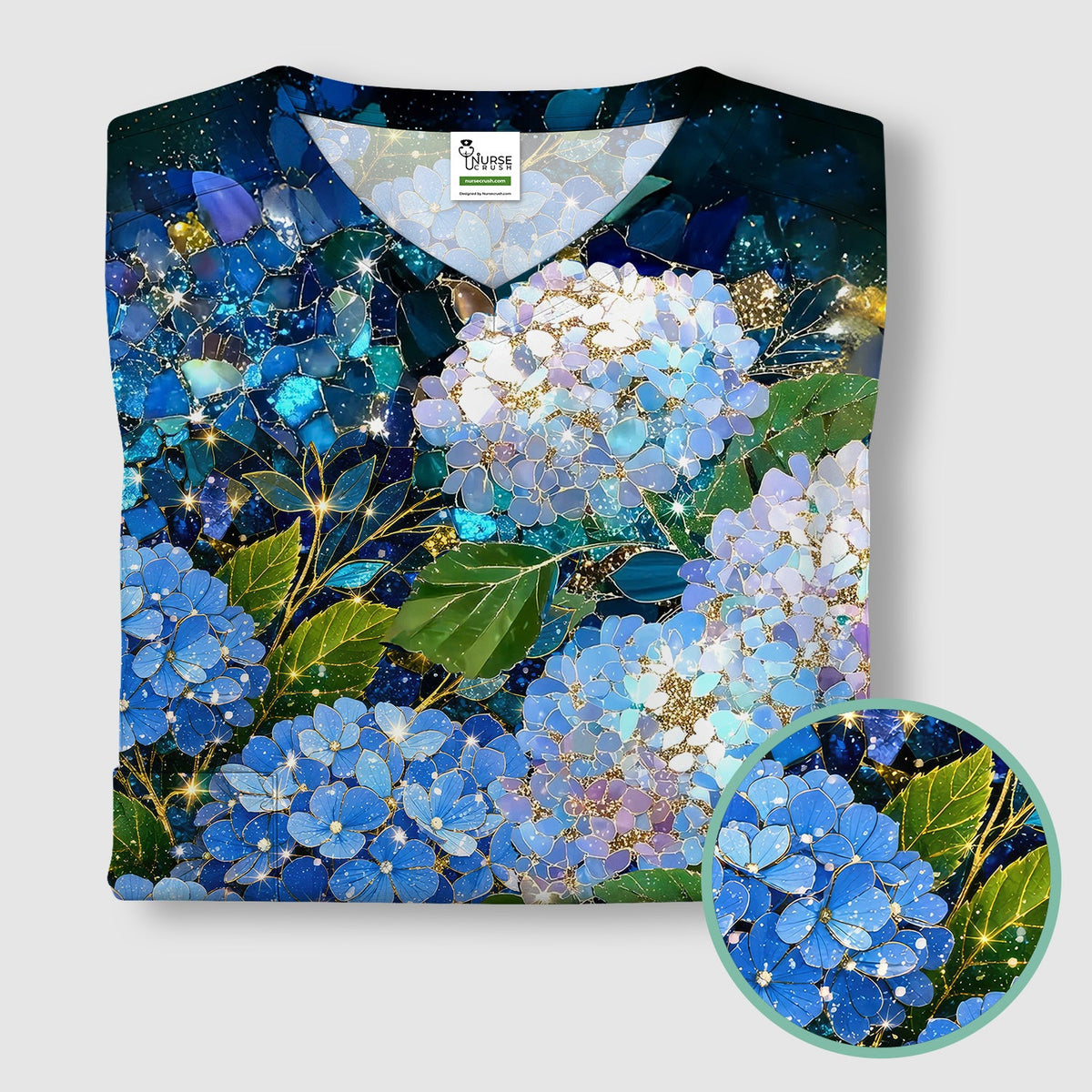 Blue Hydrangea Floral Nurse Scrub Top