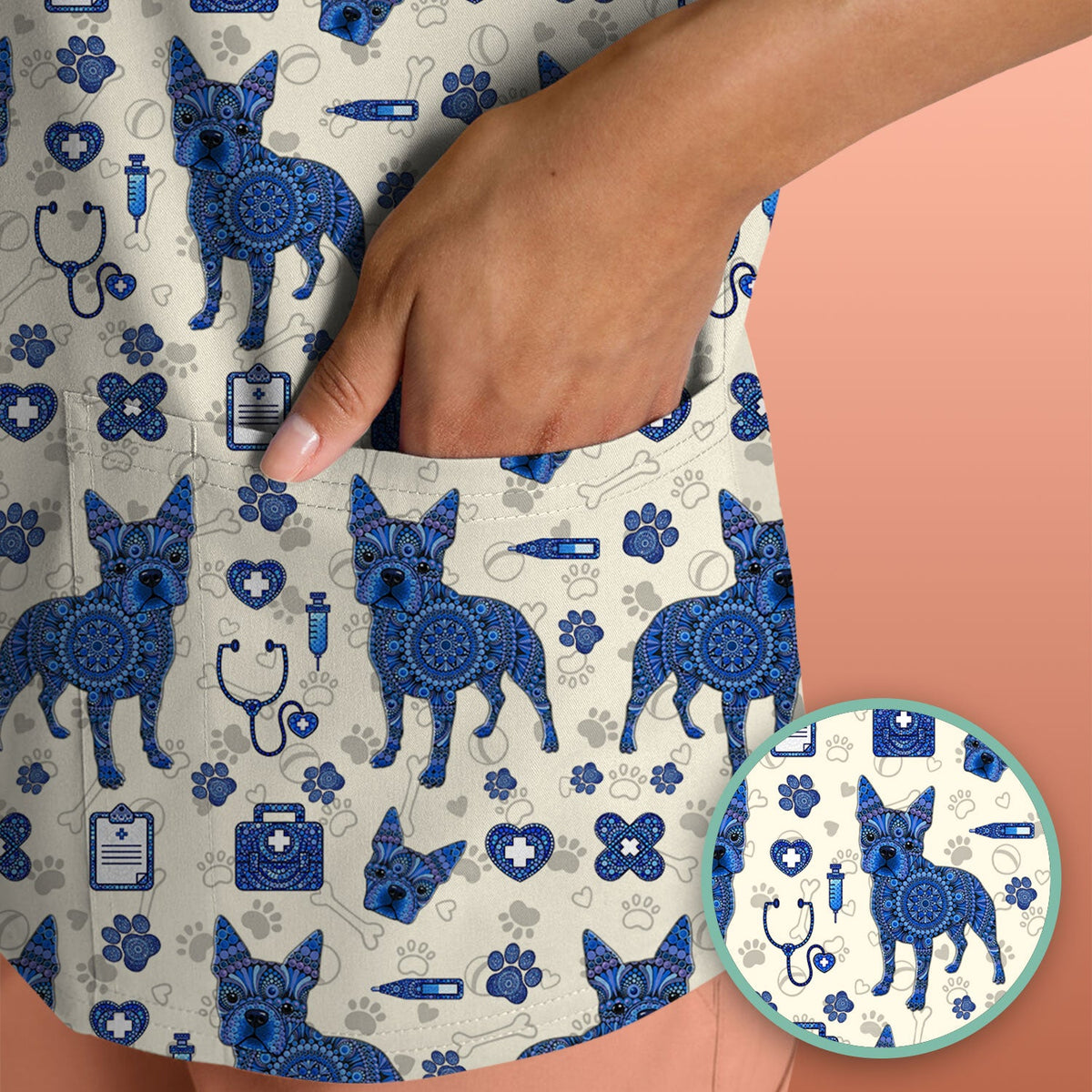 Blue Heeler Australian Cattle Dog Scrub Top, Australia Dot Art Pattern Shirt, Breathable Fabrics Nursing Uniform
