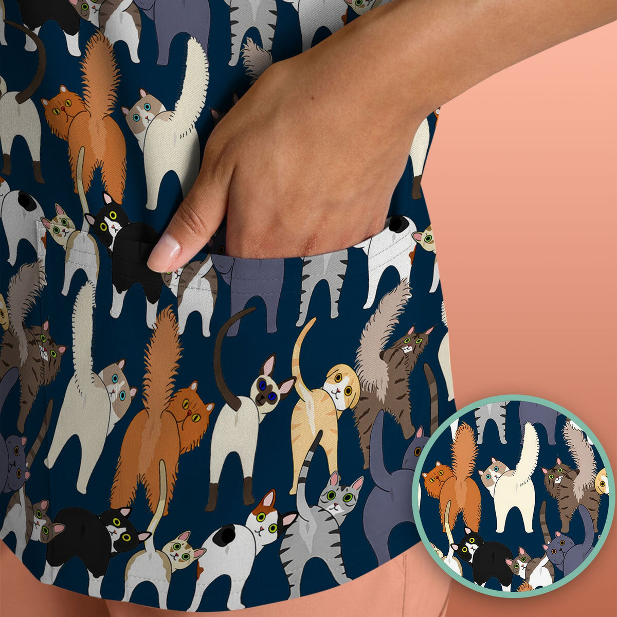 Whimsical Multicolor Cat Cartoon Nurse Scrub Top