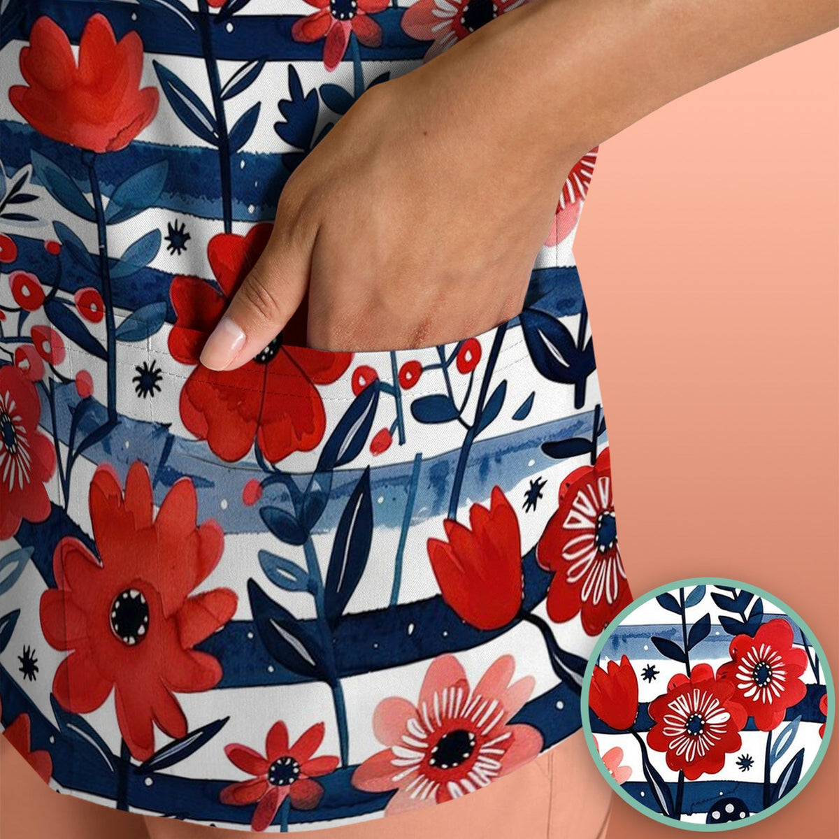 Red Poppy Navy Stripe Nurse Scrub Top