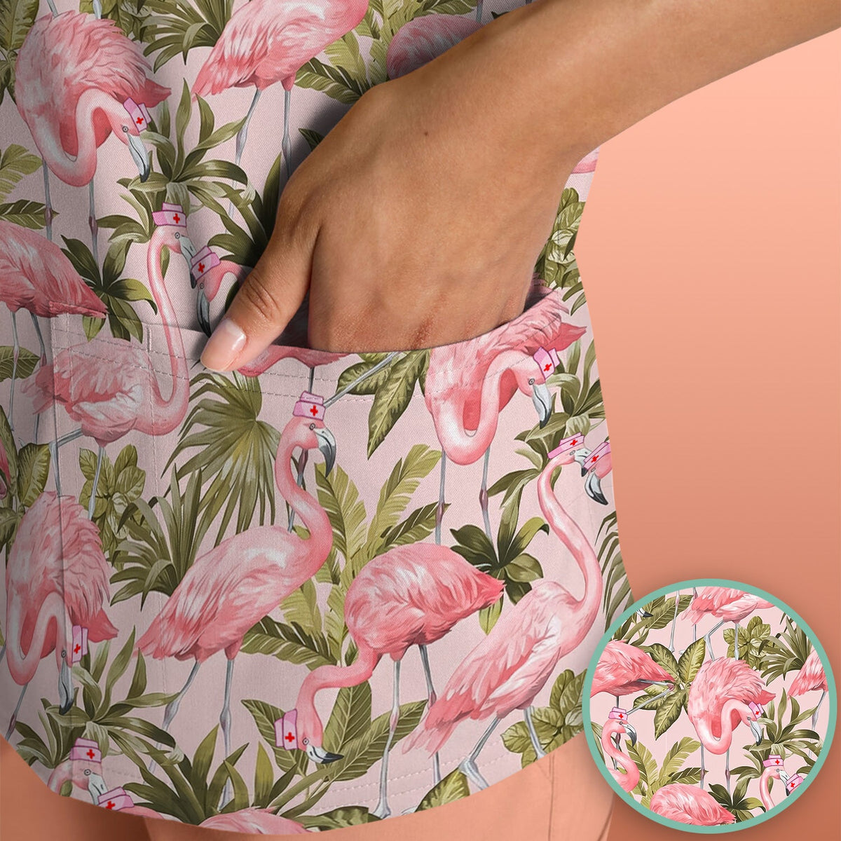 Pink Flamingo Jungle Leaves Nurse Scrub Top