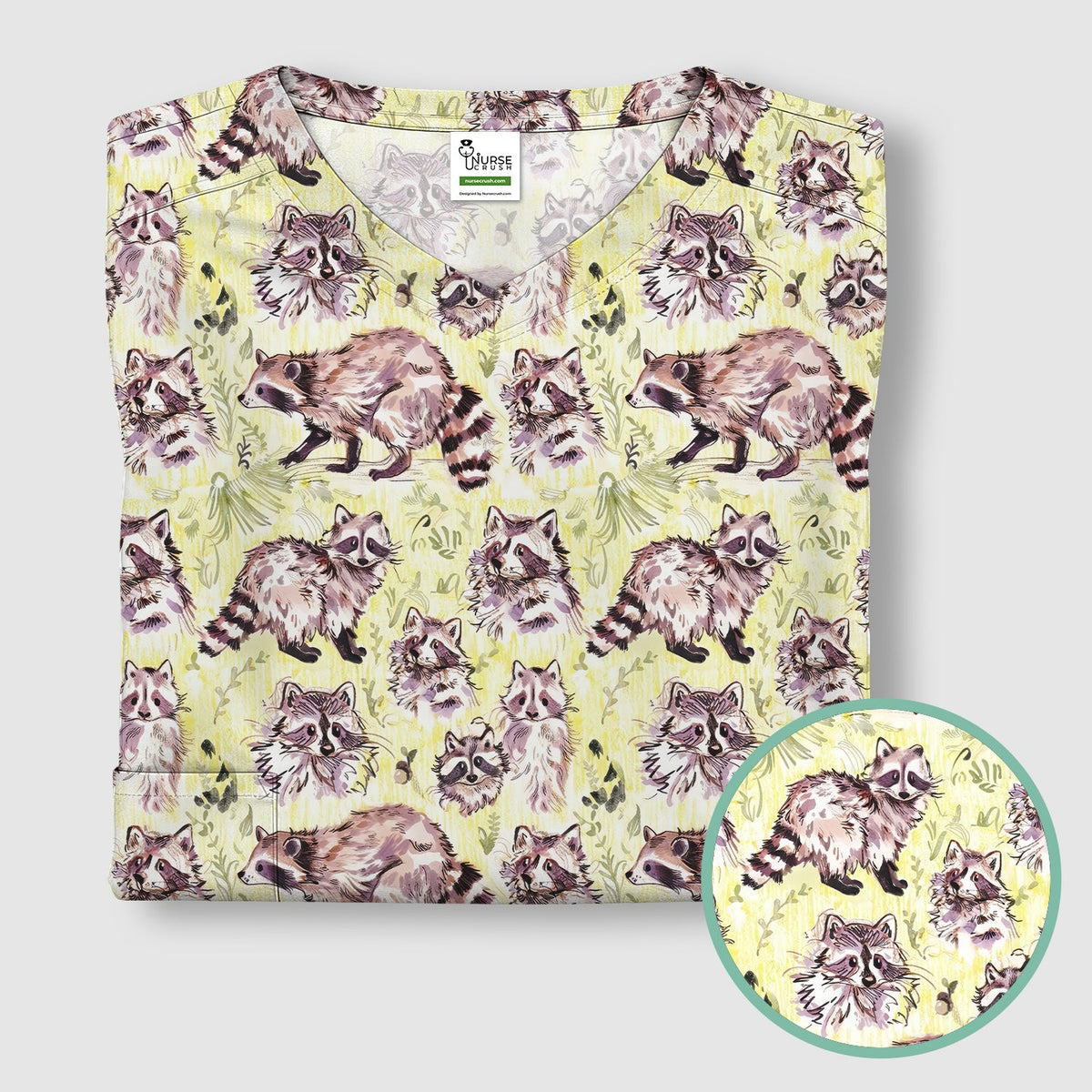 Woodland Raccoon Forest Nurse Scrub Top