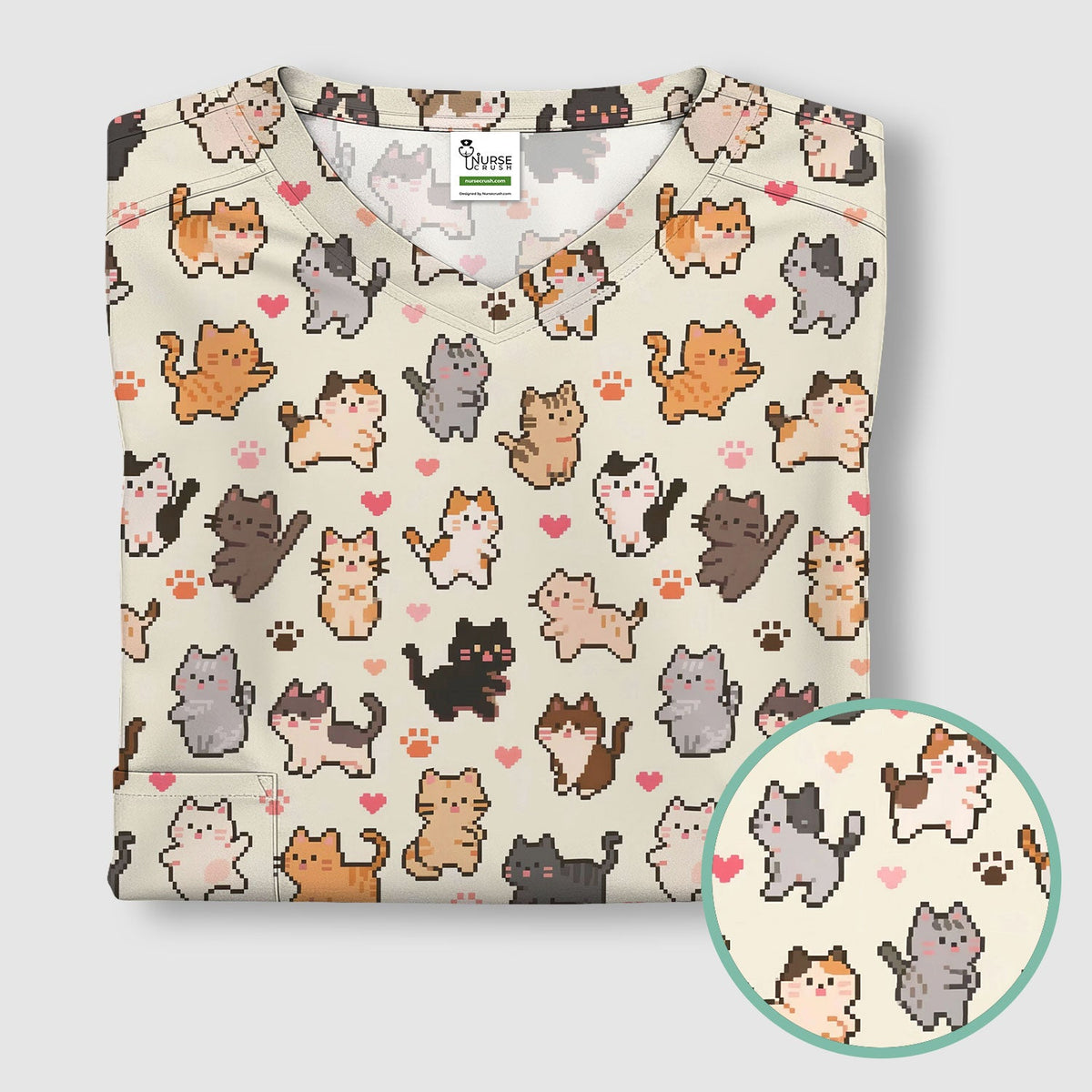 Pixel Cat Heart Paw Nurse Scrub Top
