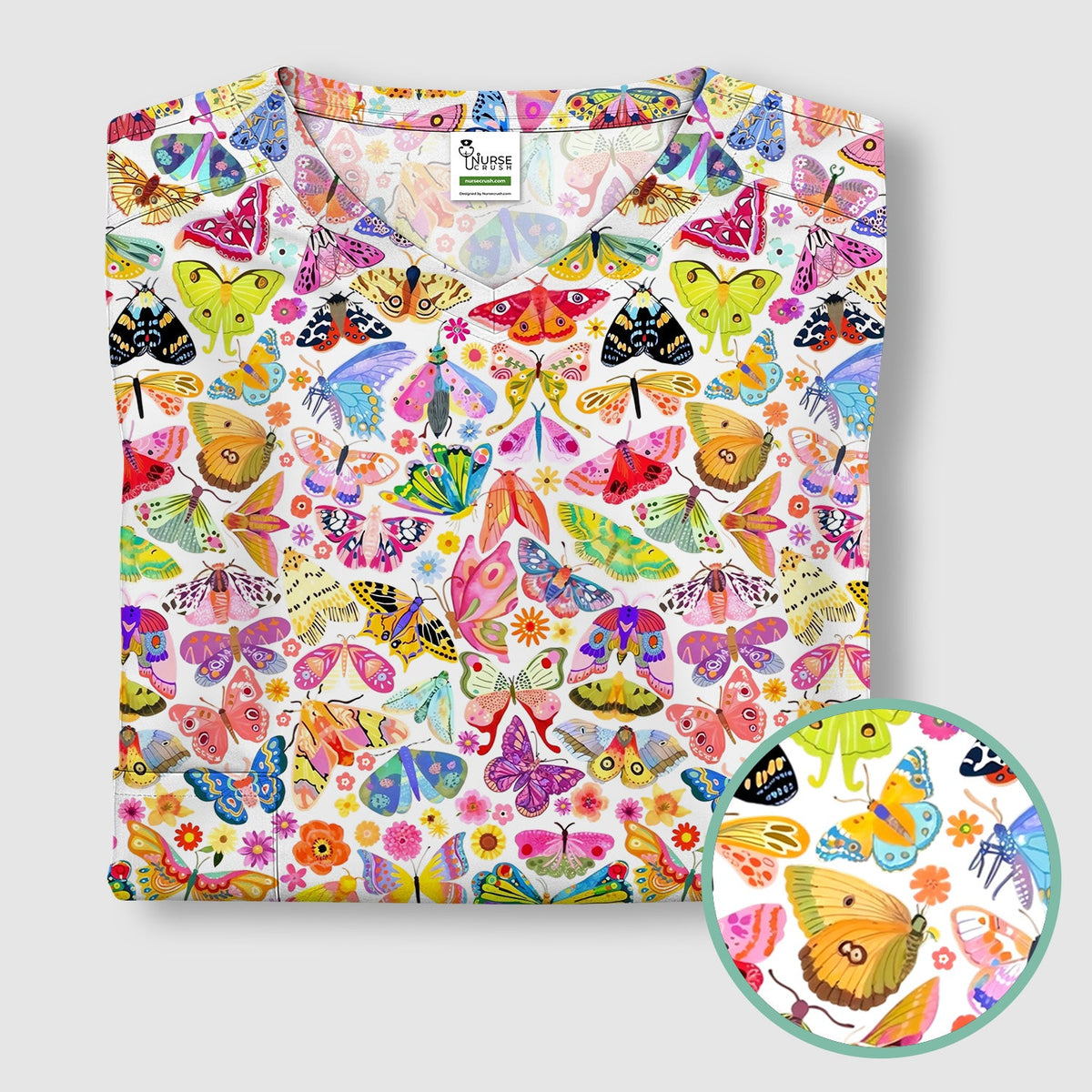 Cute Bright Butterfly Moth Floral Nurse Scrub Top
