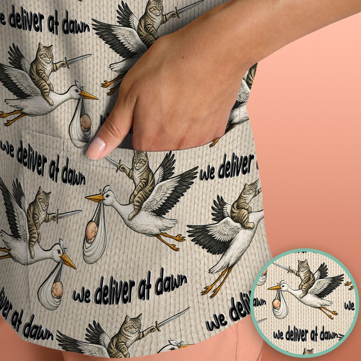 Stork Cat Delivery Nurse Scrub Top