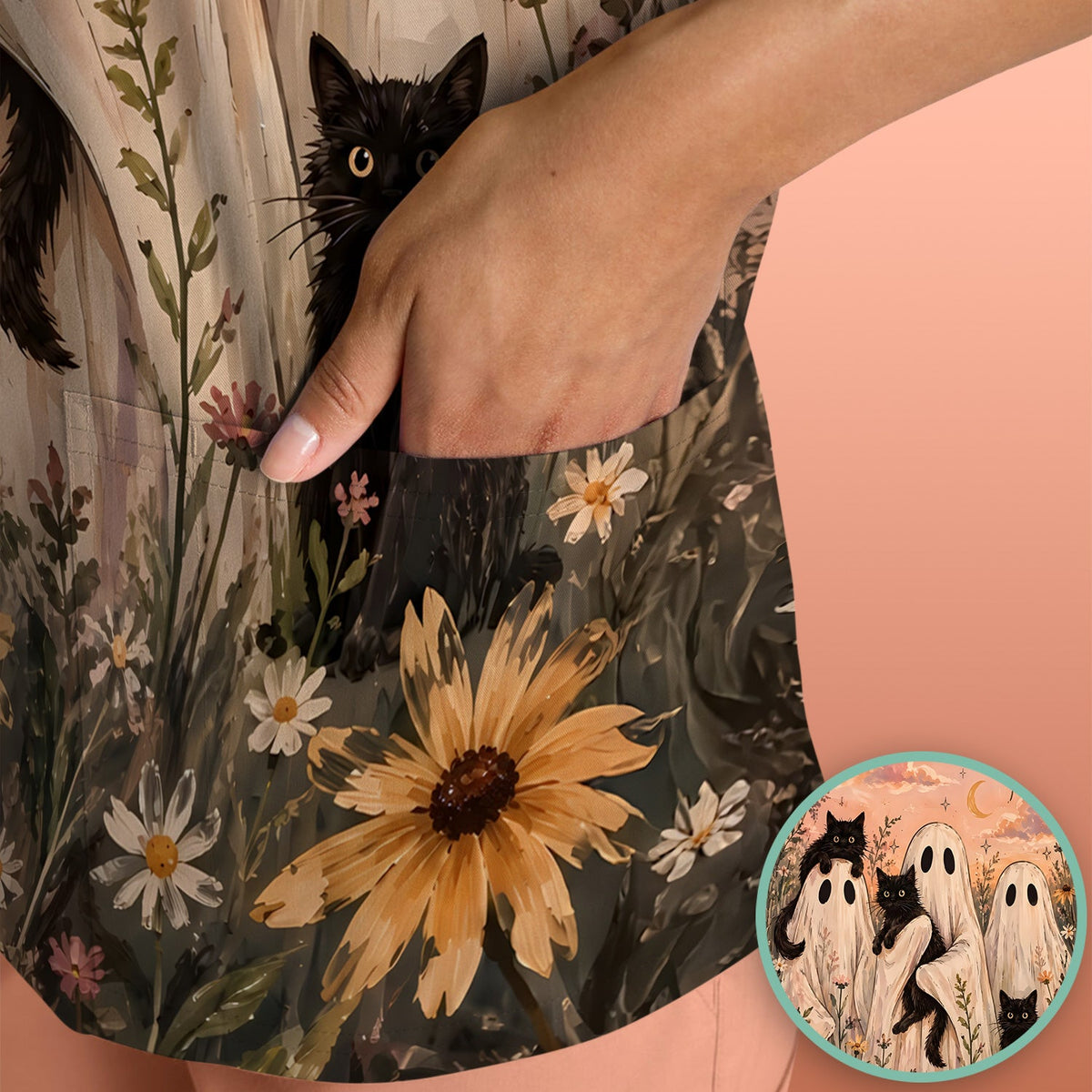 Ghosts Black Cats Nurse Scrub Top - Halloween Gift