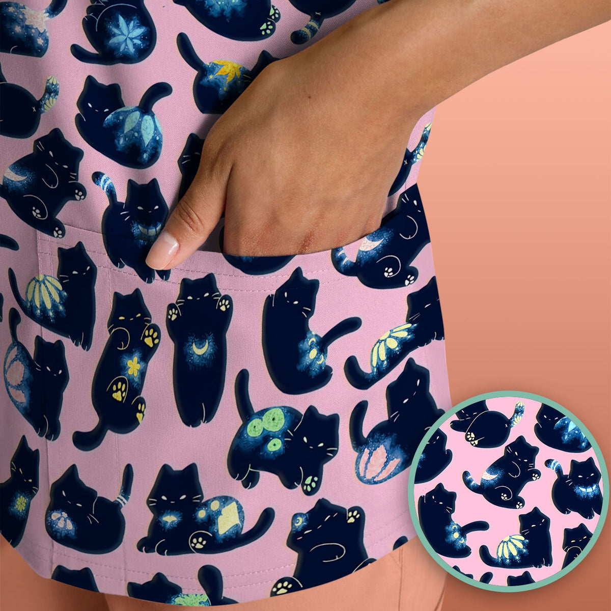Midnight Black Cat Nurse Scrub Top