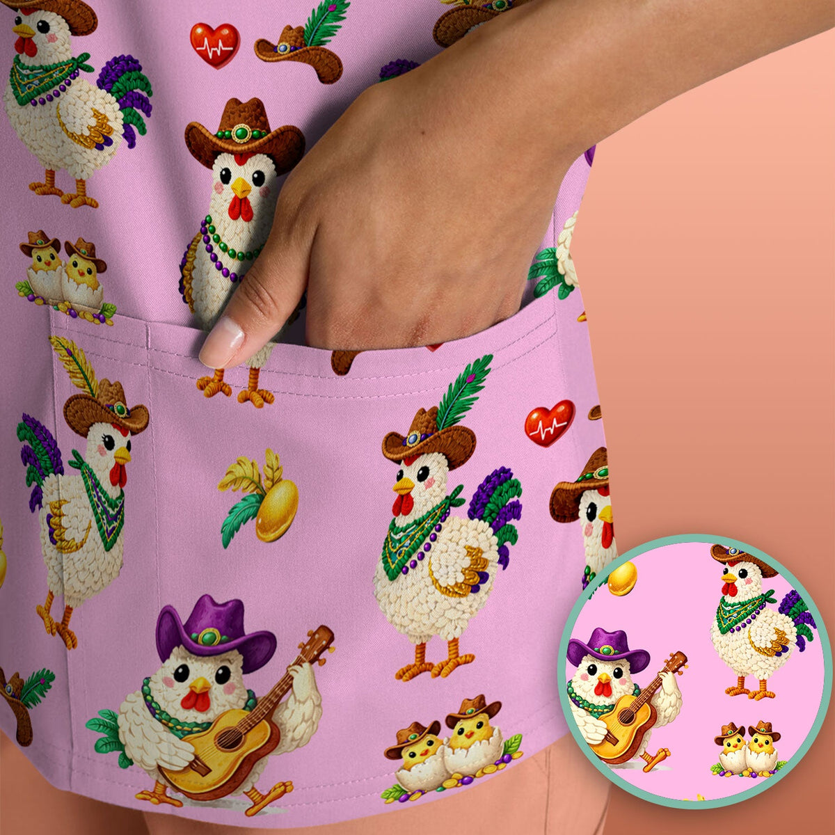 Mardi Gras Rooster Cowboy Nurse Scrub Top