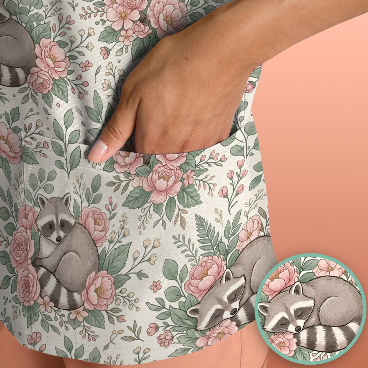 Sleeping Raccoon Rose Garden Nurse Scrub Top